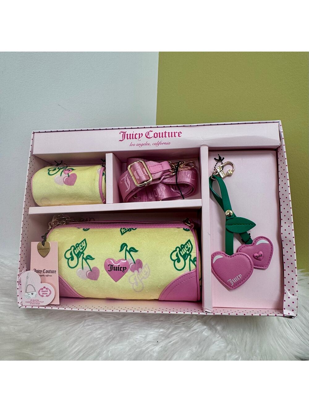 Juicy Couture Heritage Cherry Barrel Bag Gift Set Yellow Charm Mini Crossbody